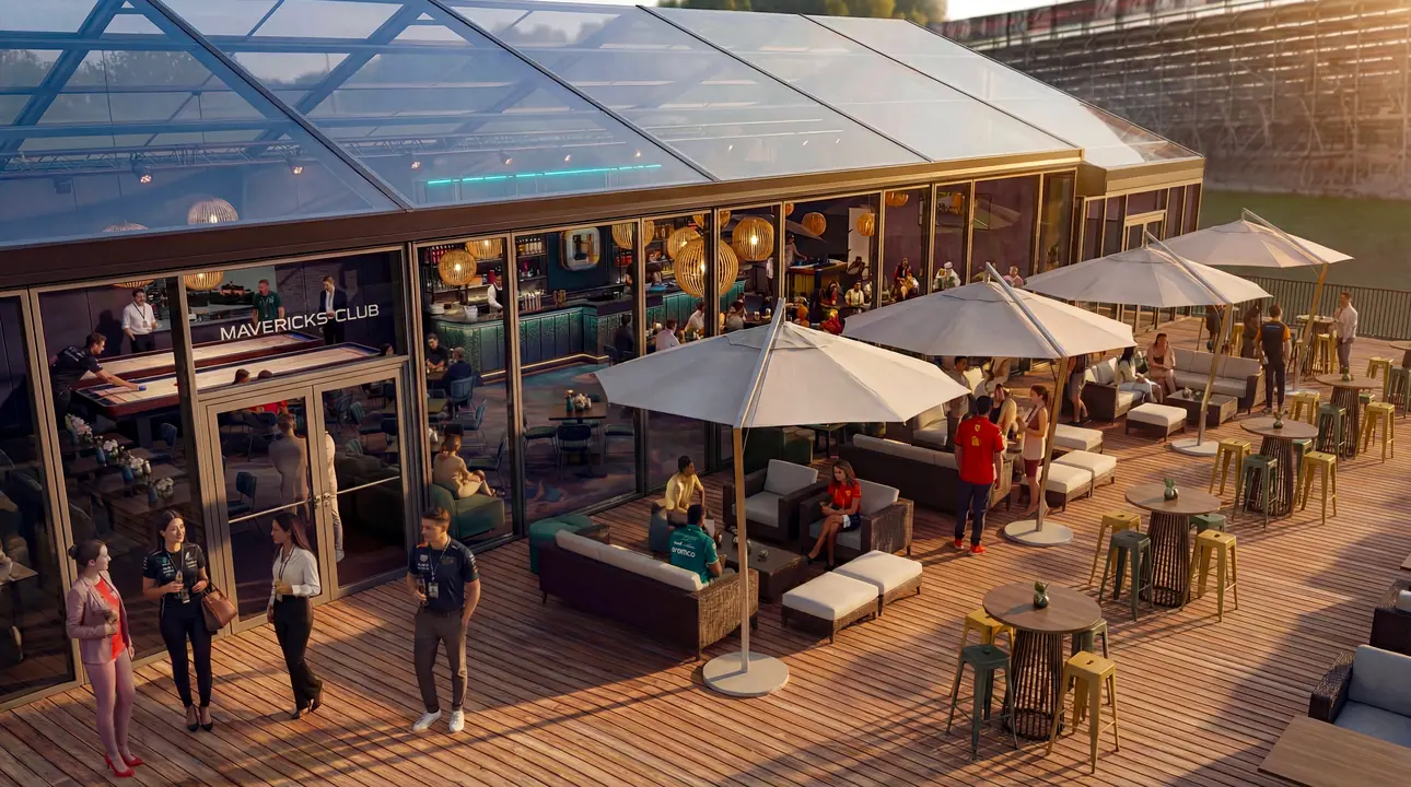 Mavericks-Club terrace at Monza with lounge seating and parasols
